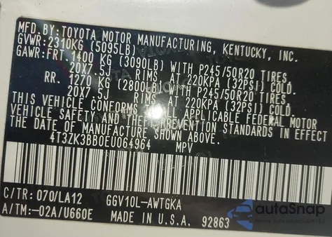 2014 Toyota Venza Xle V6 из США, поврежденный, VIN 4T3ZK3BB0EU064964